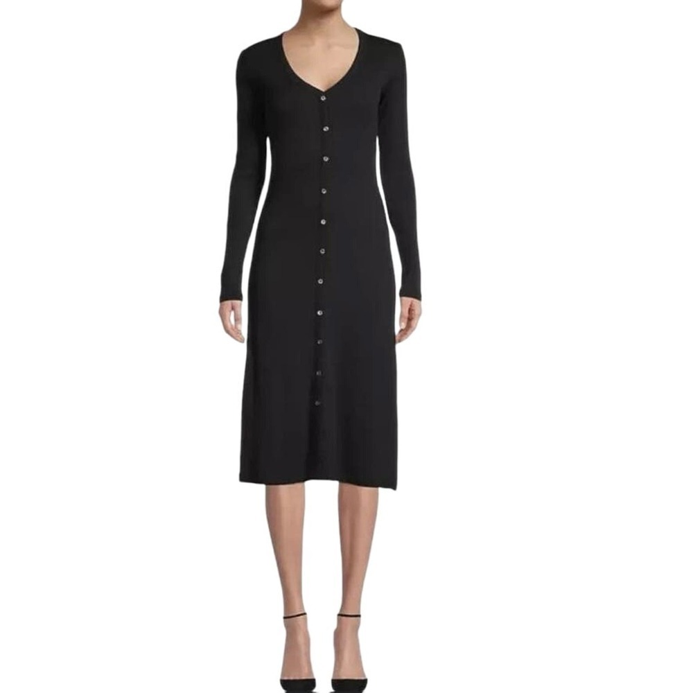 STANDARD JAMES PERSE Ribbed Rib Knit Black Button-Front Midi Dress - Sz Small